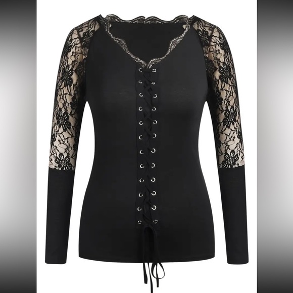 Black Lace Contrast V-Neck Top - Chic, Stretchy Long Sleeve Pullover Tie… - Picture 3 of 7